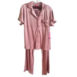 NWT Betsey Johnson 2 Piece Pajama Set Ribbed Fleece Cozy Pink Bow Ruffle Large